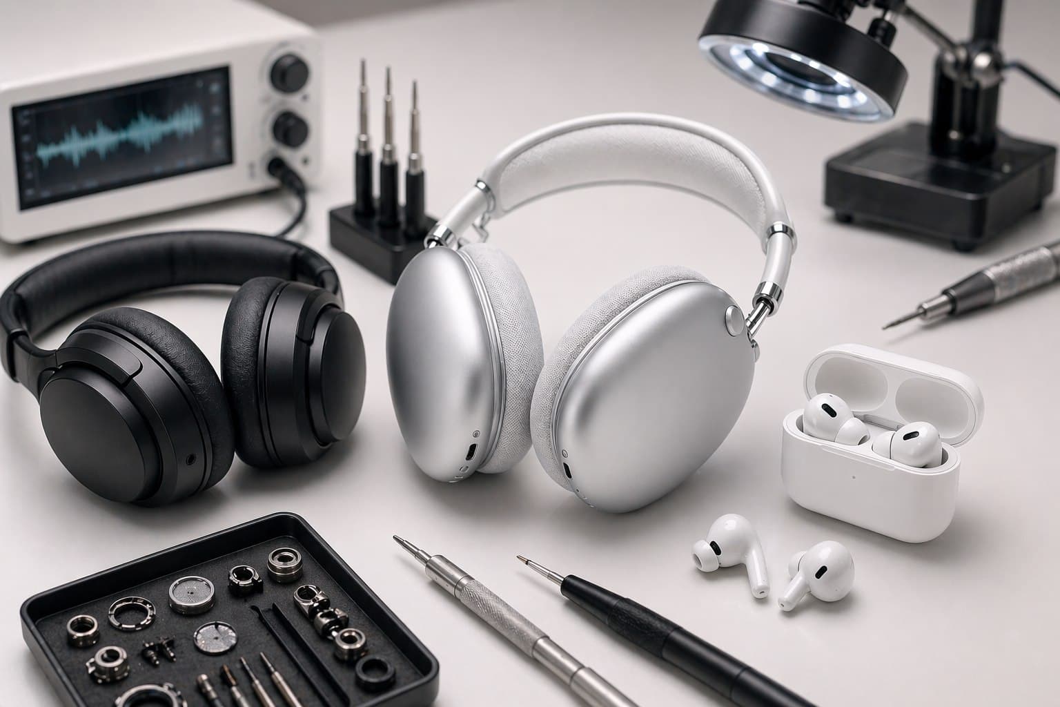 Premium headphones and earbuds prepared for sound restoration service