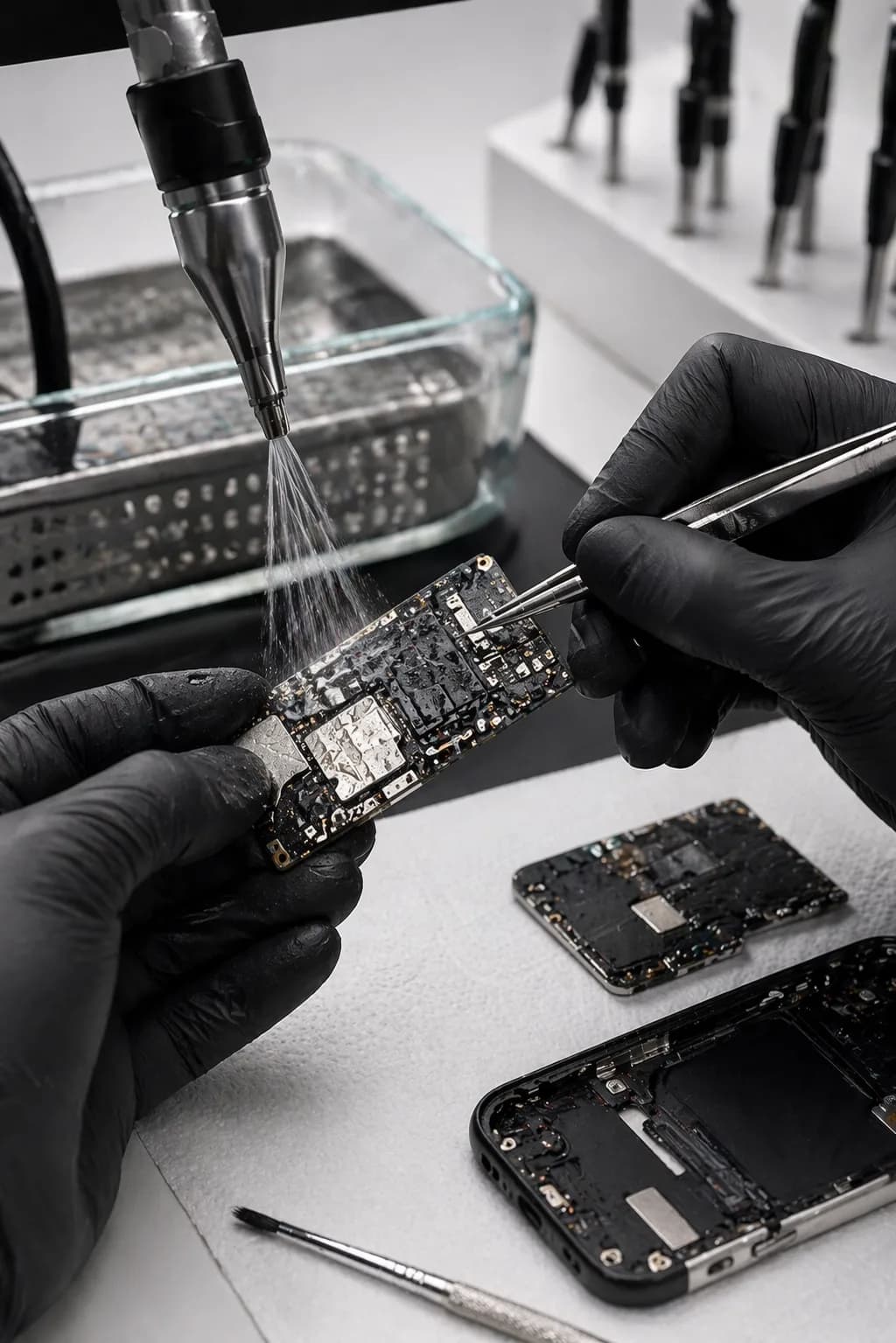 Smartphone logic board liquid recovery process with tweezers and ultrasonic cleaning setup